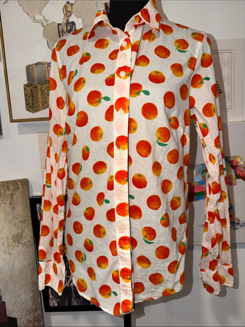 J. Crew White Button-Down Shirt with Orange Fruit Print
